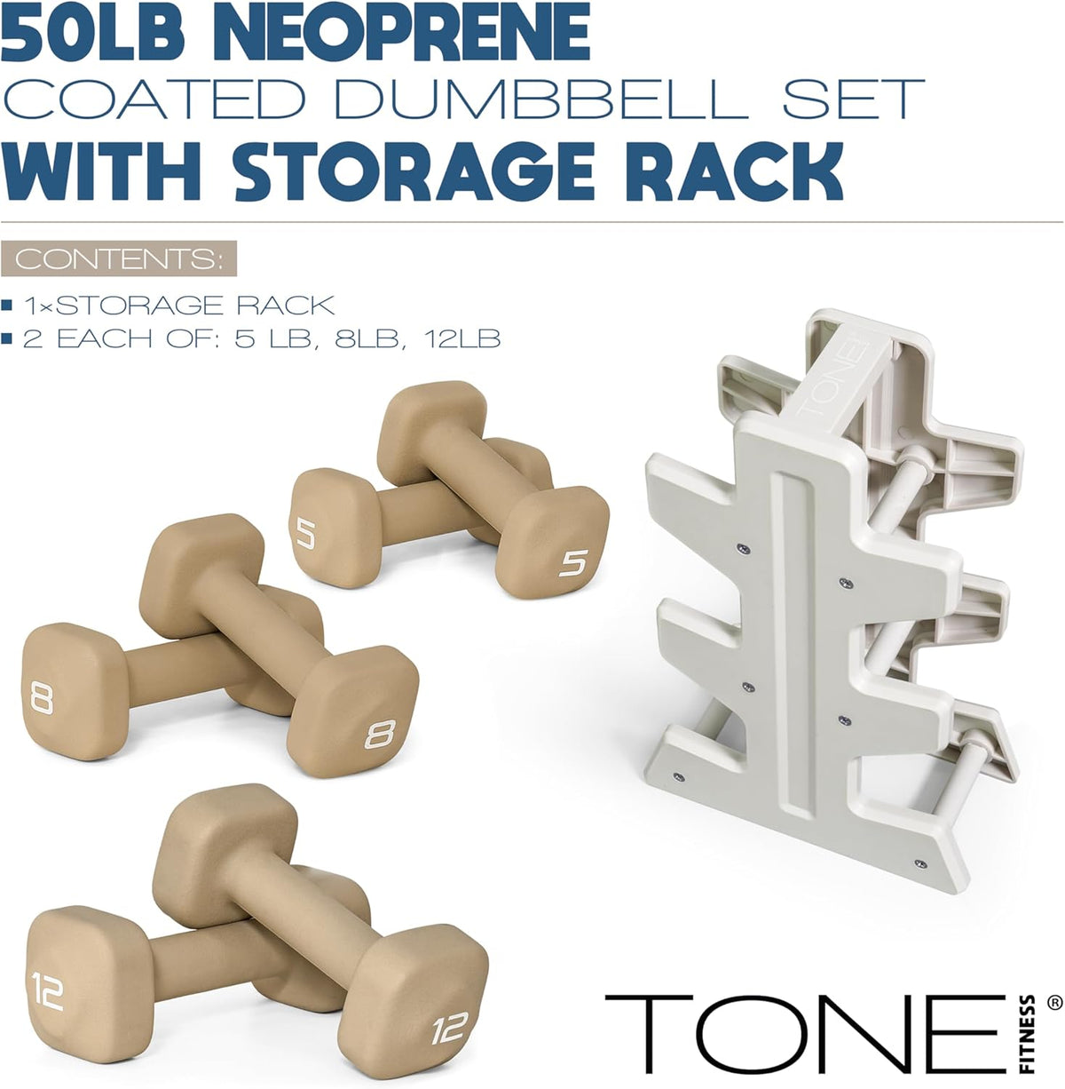 Neoprene Dumbbell Set with Storage Rack – Non-Slip, Anti-Roll Hand Weights for Home Gym Workouts | 20 lb, 32 lb, 50 lb, 60 lb & 100 lb Options