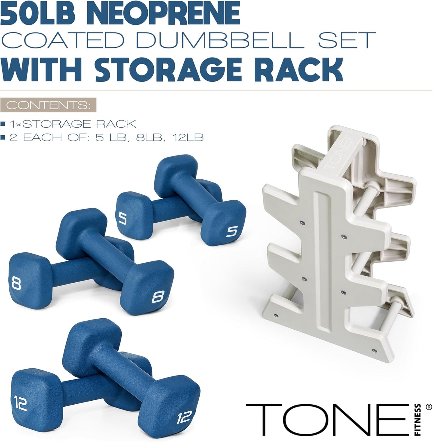 Neoprene Dumbbell Set with Storage Rack – Non-Slip, Anti-Roll Hand Weights for Home Gym Workouts | 20 lb, 32 lb, 50 lb, 60 lb & 100 lb Options