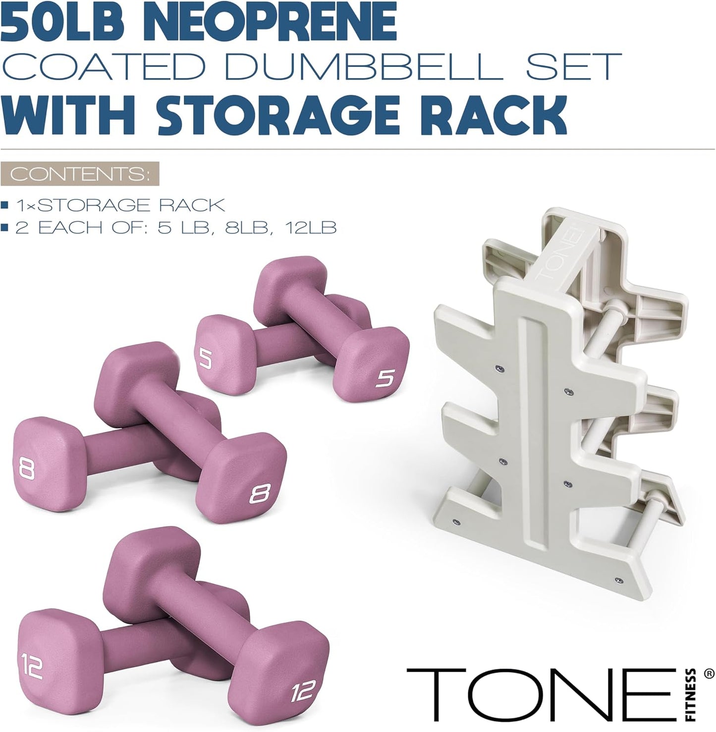 Neoprene Dumbbell Set with Storage Rack – Non-Slip, Anti-Roll Hand Weights for Home Gym Workouts | 20 lb, 32 lb, 50 lb, 60 lb & 100 lb Options