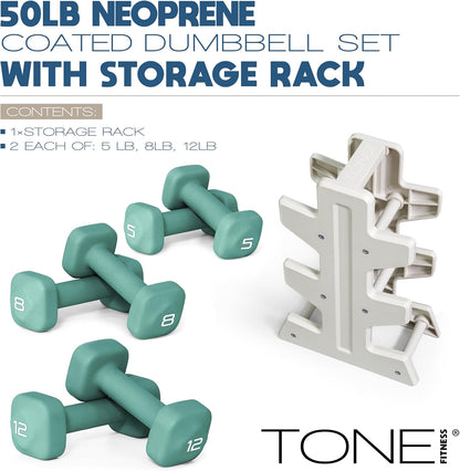 Neoprene Dumbbell Set with Storage Rack – Non-Slip, Anti-Roll Hand Weights for Home Gym Workouts | 20 lb, 32 lb, 50 lb, 60 lb & 100 lb Options
