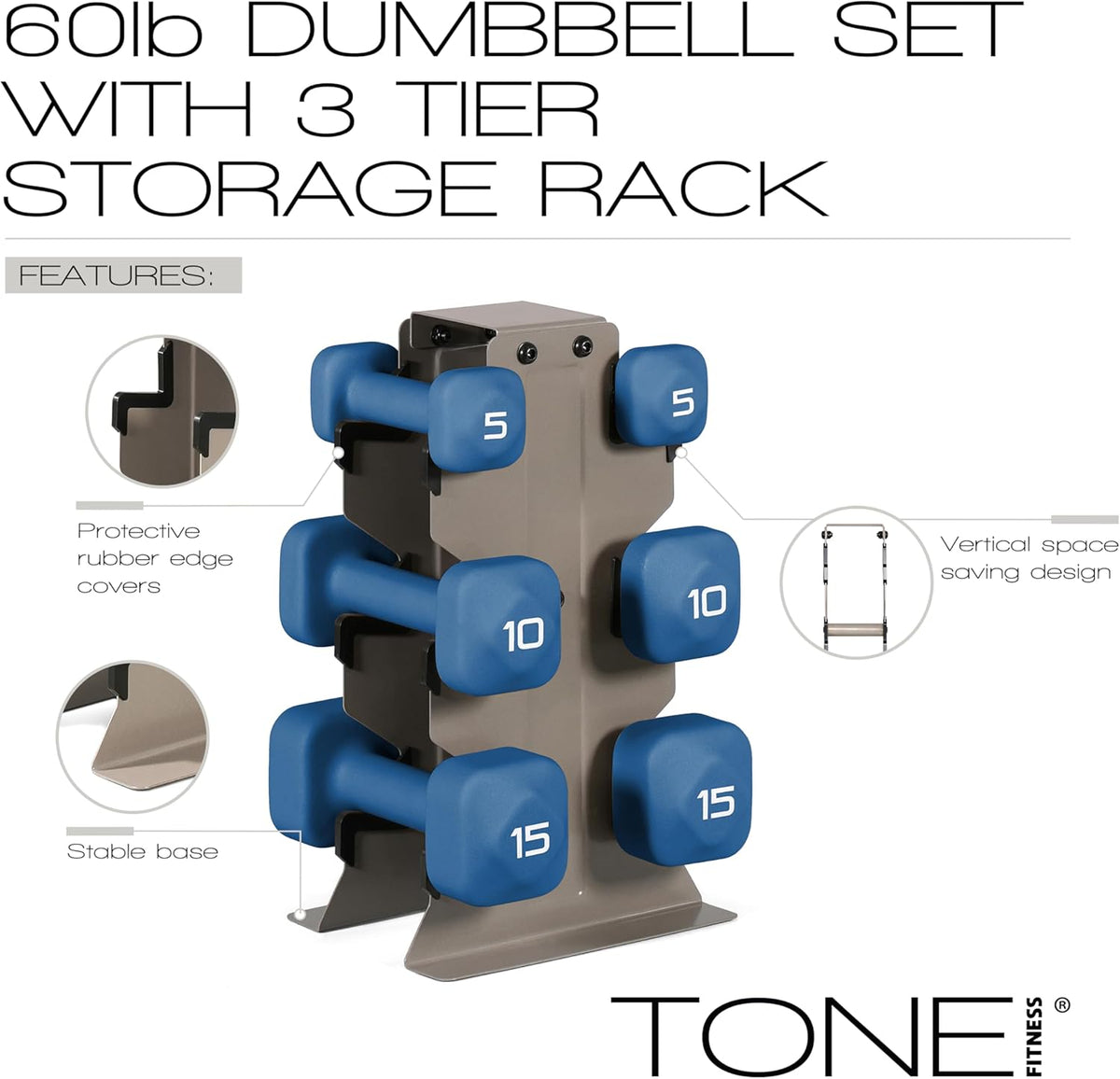 Neoprene Dumbbell Set with Storage Rack – Non-Slip, Anti-Roll Hand Weights for Home Gym Workouts | 20 lb, 32 lb, 50 lb, 60 lb & 100 lb Options