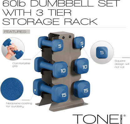 Neoprene Dumbbell Set with Storage Rack – Non-Slip, Anti-Roll Hand Weights for Home Gym Workouts | 20 lb, 32 lb, 50 lb, 60 lb & 100 lb Options