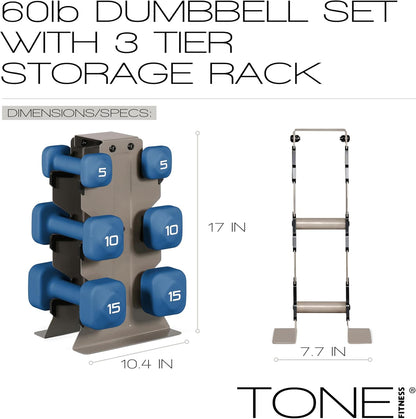 Neoprene Dumbbell Set with Storage Rack – Non-Slip, Anti-Roll Hand Weights for Home Gym Workouts | 20 lb, 32 lb, 50 lb, 60 lb & 100 lb Options
