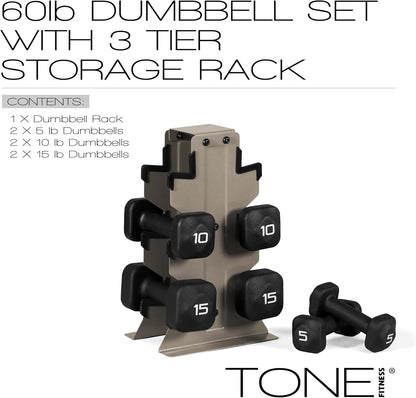 Neoprene Dumbbell Set with Storage Rack – Non-Slip, Anti-Roll Hand Weights for Home Gym Workouts | 20 lb, 32 lb, 50 lb, 60 lb & 100 lb Options