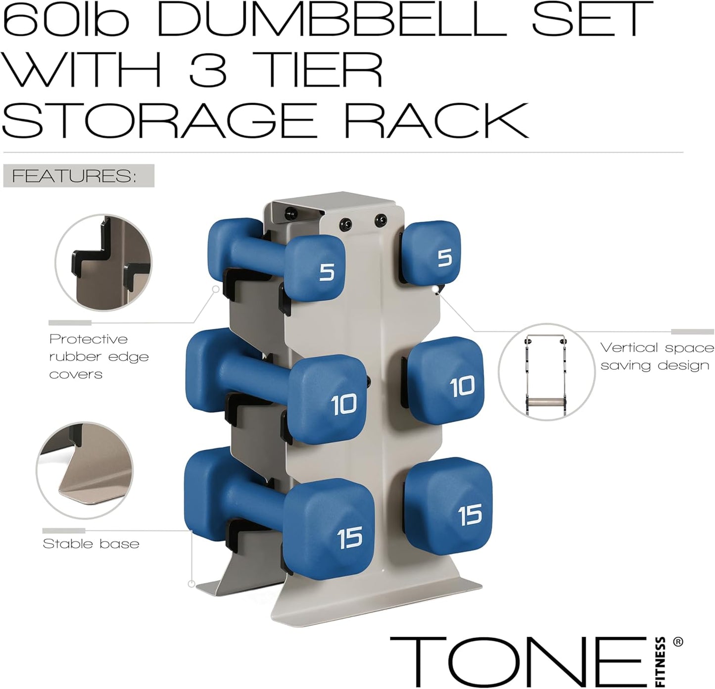 Neoprene Dumbbell Set with Storage Rack – Non-Slip, Anti-Roll Hand Weights for Home Gym Workouts | 20 lb, 32 lb, 50 lb, 60 lb & 100 lb Options