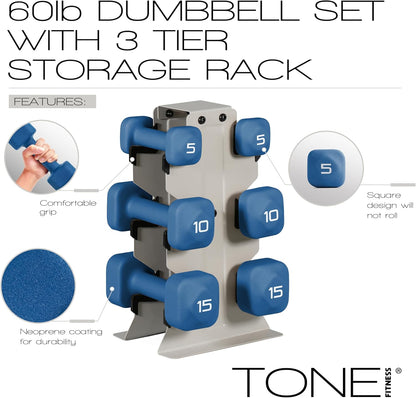 Neoprene Dumbbell Set with Storage Rack – Non-Slip, Anti-Roll Hand Weights for Home Gym Workouts | 20 lb, 32 lb, 50 lb, 60 lb & 100 lb Options