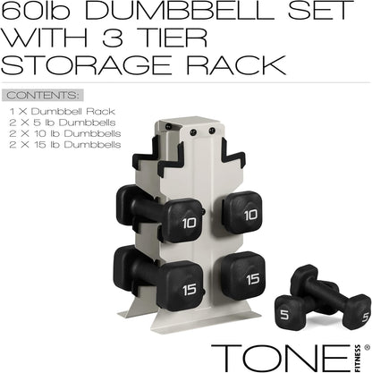 Neoprene Dumbbell Set with Storage Rack – Non-Slip, Anti-Roll Hand Weights for Home Gym Workouts | 20 lb, 32 lb, 50 lb, 60 lb & 100 lb Options
