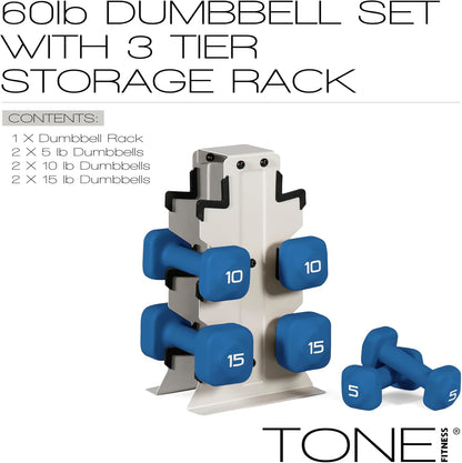 Neoprene Dumbbell Set with Storage Rack – Non-Slip, Anti-Roll Hand Weights for Home Gym Workouts | 20 lb, 32 lb, 50 lb, 60 lb & 100 lb Options