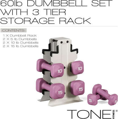 Neoprene Dumbbell Set with Storage Rack – Non-Slip, Anti-Roll Hand Weights for Home Gym Workouts | 20 lb, 32 lb, 50 lb, 60 lb & 100 lb Options