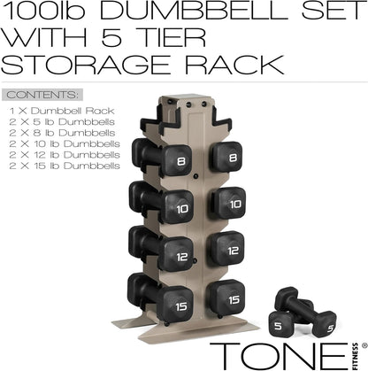 Neoprene Dumbbell Set with Storage Rack – Non-Slip, Anti-Roll Hand Weights for Home Gym Workouts | 20 lb, 32 lb, 50 lb, 60 lb & 100 lb Options