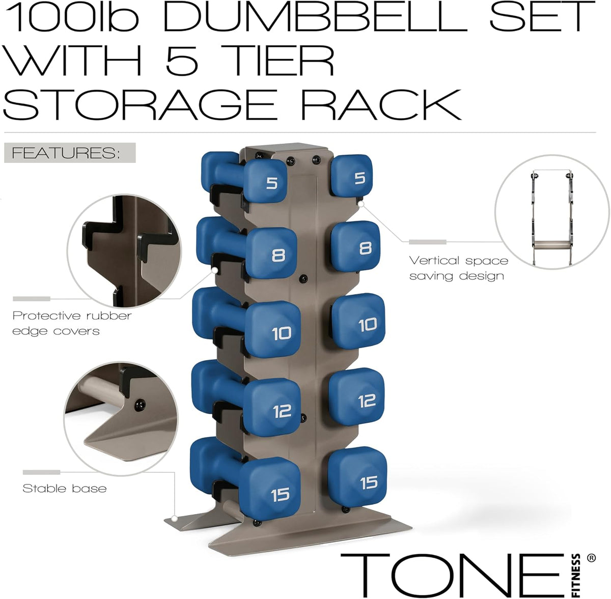Neoprene Dumbbell Set with Storage Rack – Non-Slip, Anti-Roll Hand Weights for Home Gym Workouts | 20 lb, 32 lb, 50 lb, 60 lb & 100 lb Options