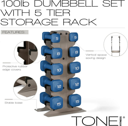 Neoprene Dumbbell Set with Storage Rack – Non-Slip, Anti-Roll Hand Weights for Home Gym Workouts | 20 lb, 32 lb, 50 lb, 60 lb & 100 lb Options