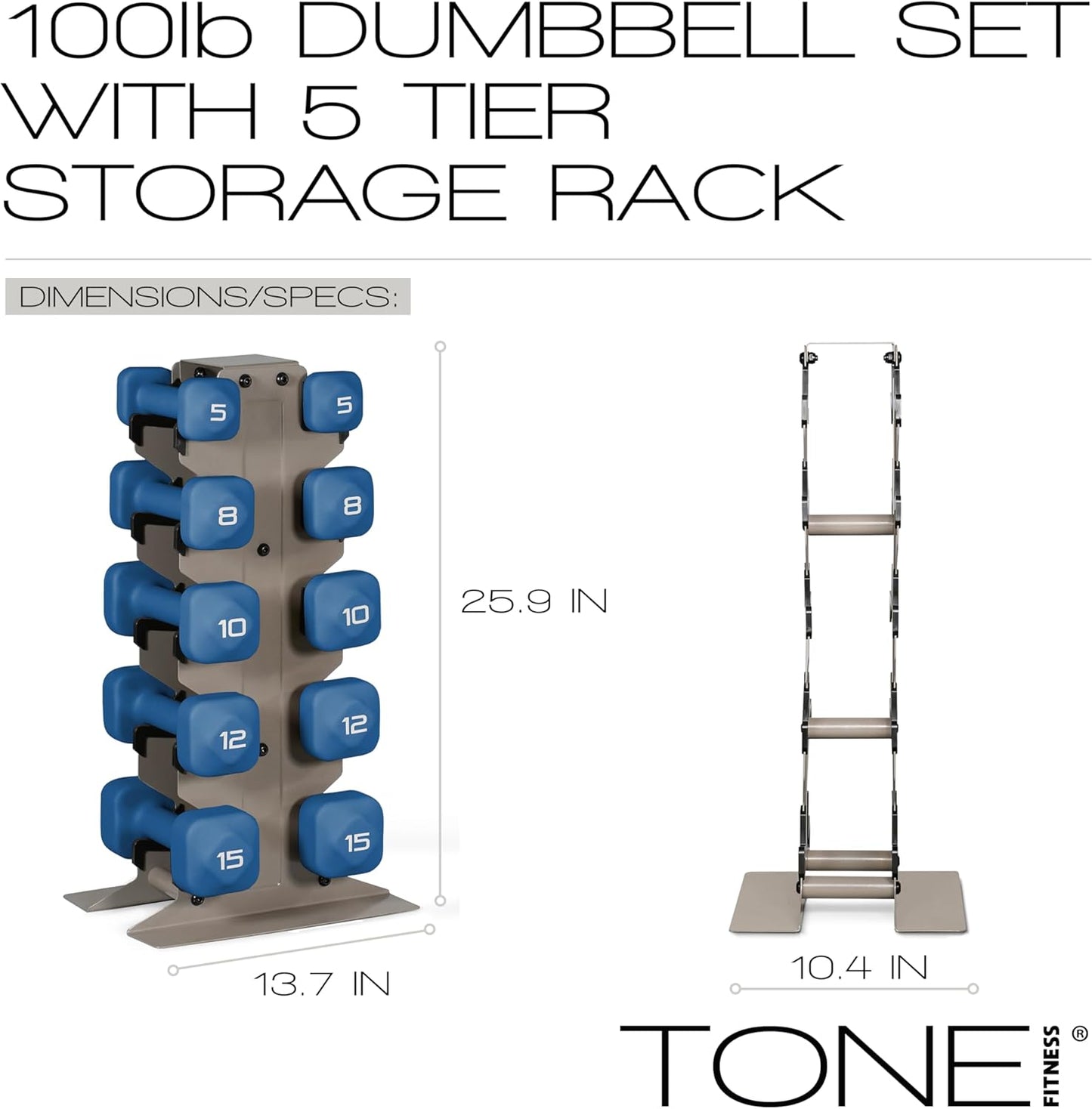 Neoprene Dumbbell Set with Storage Rack – Non-Slip, Anti-Roll Hand Weights for Home Gym Workouts | 20 lb, 32 lb, 50 lb, 60 lb & 100 lb Options