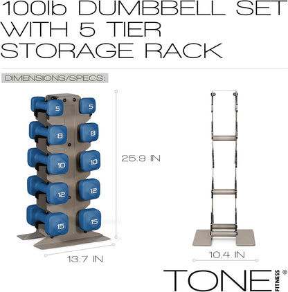 Neoprene Dumbbell Set with Storage Rack – Non-Slip, Anti-Roll Hand Weights for Home Gym Workouts | 20 lb, 32 lb, 50 lb, 60 lb & 100 lb Options