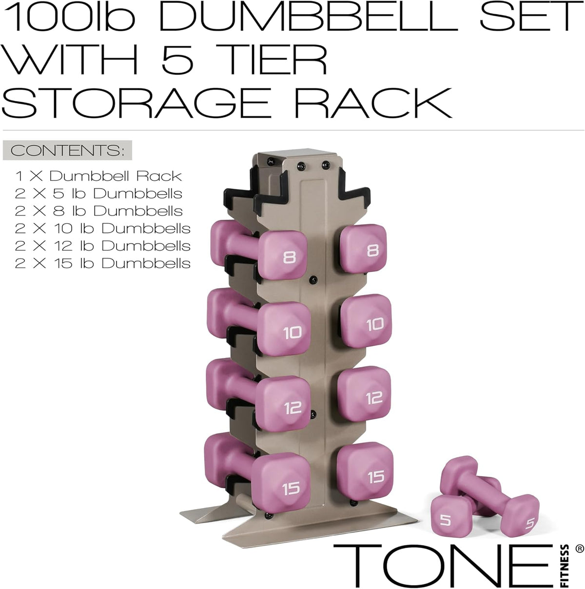 Neoprene Dumbbell Set with Storage Rack – Non-Slip, Anti-Roll Hand Weights for Home Gym Workouts | 20 lb, 32 lb, 50 lb, 60 lb & 100 lb Options