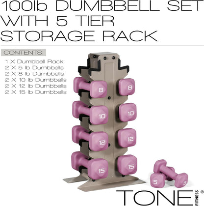 Neoprene Dumbbell Set with Storage Rack – Non-Slip, Anti-Roll Hand Weights for Home Gym Workouts | 20 lb, 32 lb, 50 lb, 60 lb & 100 lb Options