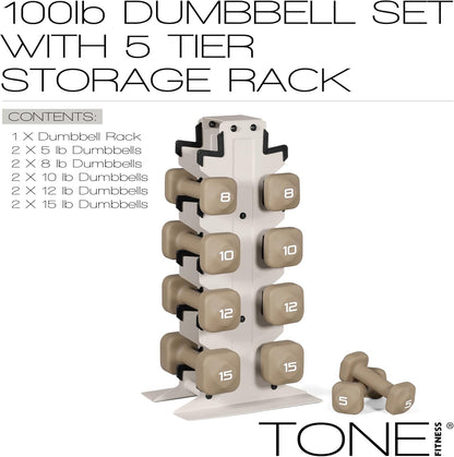 Neoprene Dumbbell Set with Storage Rack – Non-Slip, Anti-Roll Hand Weights for Home Gym Workouts | 20 lb, 32 lb, 50 lb, 60 lb & 100 lb Options