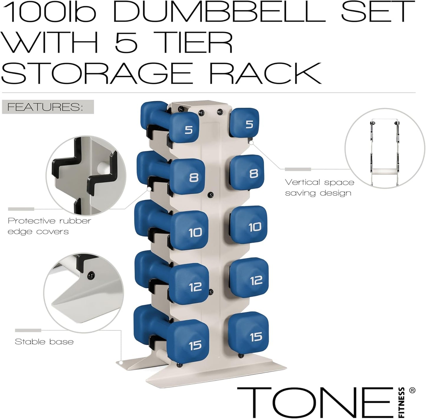 Neoprene Dumbbell Set with Storage Rack – Non-Slip, Anti-Roll Hand Weights for Home Gym Workouts | 20 lb, 32 lb, 50 lb, 60 lb & 100 lb Options