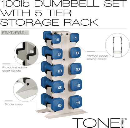 Neoprene Dumbbell Set with Storage Rack – Non-Slip, Anti-Roll Hand Weights for Home Gym Workouts | 20 lb, 32 lb, 50 lb, 60 lb & 100 lb Options