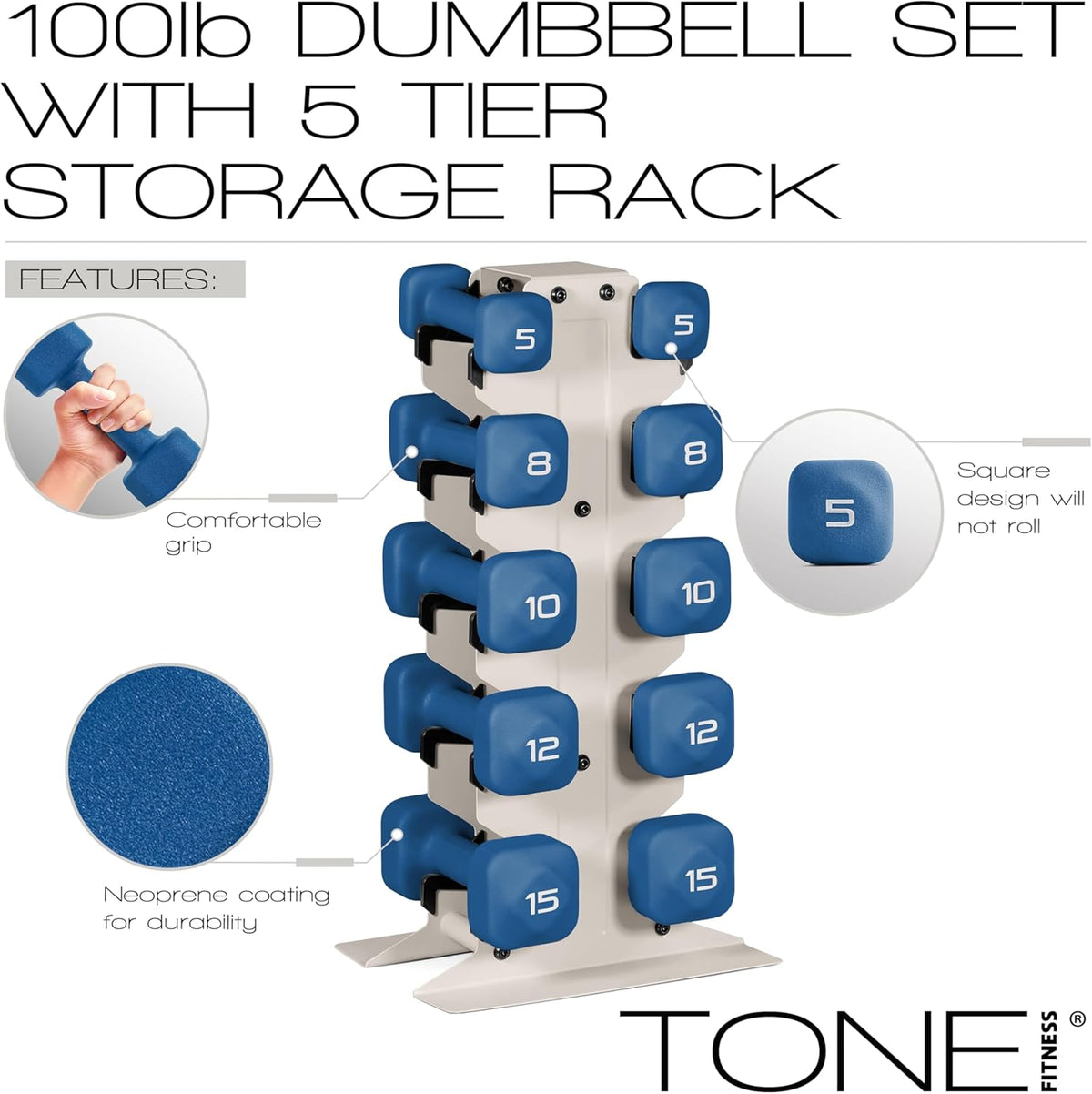 Neoprene Dumbbell Set with Storage Rack – Non-Slip, Anti-Roll Hand Weights for Home Gym Workouts | 20 lb, 32 lb, 50 lb, 60 lb & 100 lb Options