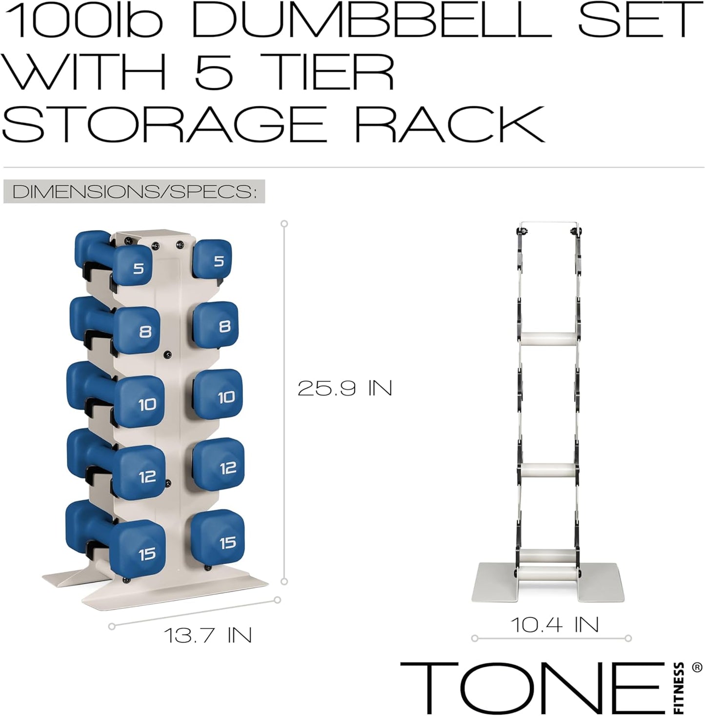 Neoprene Dumbbell Set with Storage Rack – Non-Slip, Anti-Roll Hand Weights for Home Gym Workouts | 20 lb, 32 lb, 50 lb, 60 lb & 100 lb Options
