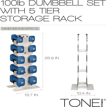 Neoprene Dumbbell Set with Storage Rack – Non-Slip, Anti-Roll Hand Weights for Home Gym Workouts | 20 lb, 32 lb, 50 lb, 60 lb & 100 lb Options