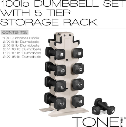 Neoprene Dumbbell Set with Storage Rack – Non-Slip, Anti-Roll Hand Weights for Home Gym Workouts | 20 lb, 32 lb, 50 lb, 60 lb & 100 lb Options