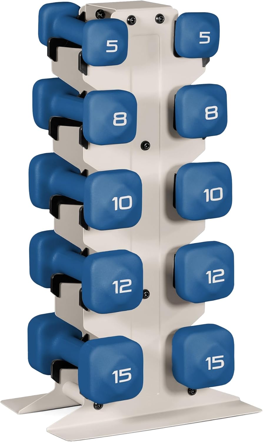 Neoprene Dumbbell Set with Storage Rack – Non-Slip, Anti-Roll Hand Weights for Home Gym Workouts | 20 lb, 32 lb, 50 lb, 60 lb & 100 lb Options