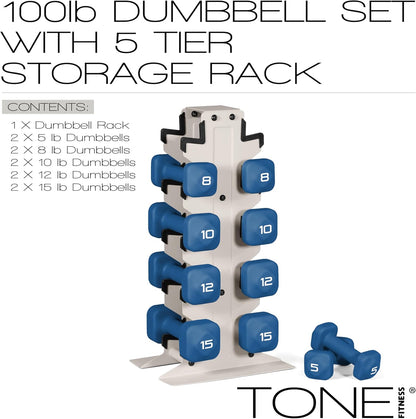 Neoprene Dumbbell Set with Storage Rack – Non-Slip, Anti-Roll Hand Weights for Home Gym Workouts | 20 lb, 32 lb, 50 lb, 60 lb & 100 lb Options