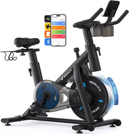 MERACH Exercise Bike, Magnetic Friction Stationary Bike with Brake Pad and Exclusive App, Low Noise Indoor Cycling Bike with 300lbs Weight Capacity, Tablet Mount and Fitness Courses for Weight Loss