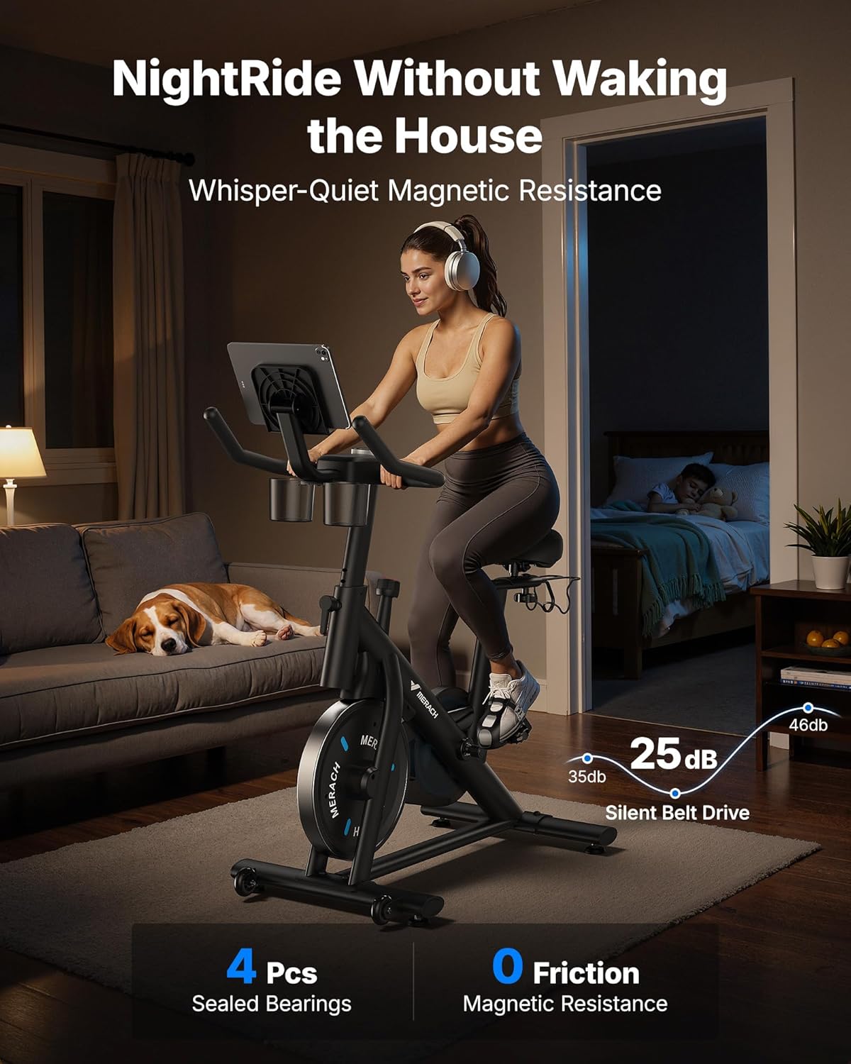 MERACH Exercise Bike, Magnetic Friction Stationary Bike with Brake Pad and Exclusive App, Low Noise Indoor Cycling Bike with 300lbs Weight Capacity, Tablet Mount and Fitness Courses for Weight Loss