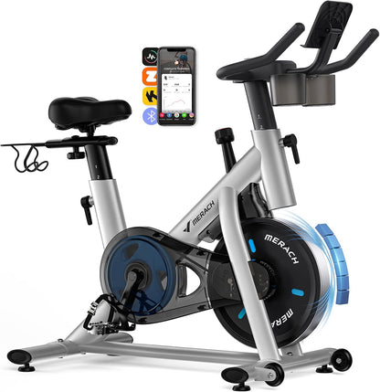 MERACH Exercise Bike, Magnetic Friction Stationary Bike with Brake Pad and Exclusive App, Low Noise Indoor Cycling Bike with 300lbs Weight Capacity, Tablet Mount and Fitness Courses for Weight Loss