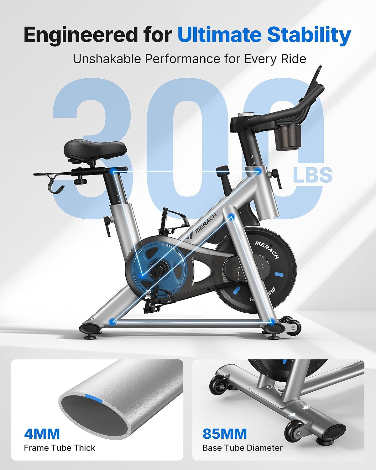 MERACH Exercise Bike, Magnetic Friction Stationary Bike with Brake Pad and Exclusive App, Low Noise Indoor Cycling Bike with 300lbs Weight Capacity, Tablet Mount and Fitness Courses for Weight Loss