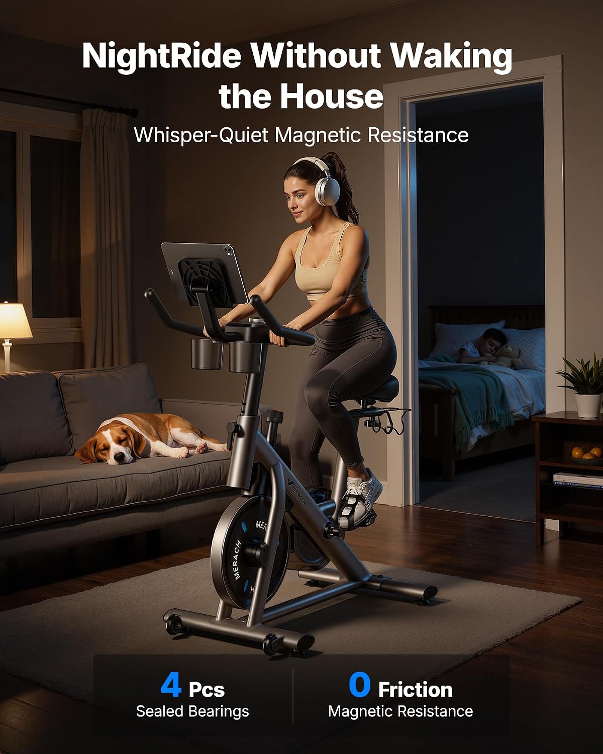 MERACH Exercise Bike, Magnetic Friction Stationary Bike with Brake Pad and Exclusive App, Low Noise Indoor Cycling Bike with 300lbs Weight Capacity, Tablet Mount and Fitness Courses for Weight Loss