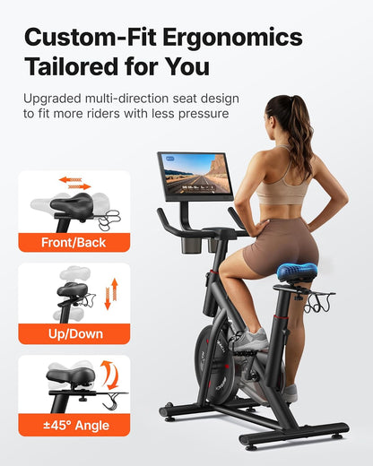 MERACH Exercise Bike, Magnetic Friction Stationary Bike with Brake Pad and Exclusive App, Low Noise Indoor Cycling Bike with 300lbs Weight Capacity, Tablet Mount and Fitness Courses for Weight Loss