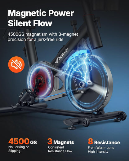 MERACH Exercise Bike, Magnetic Friction Stationary Bike with Brake Pad and Exclusive App, Low Noise Indoor Cycling Bike with 300lbs Weight Capacity, Tablet Mount and Fitness Courses for Weight Loss