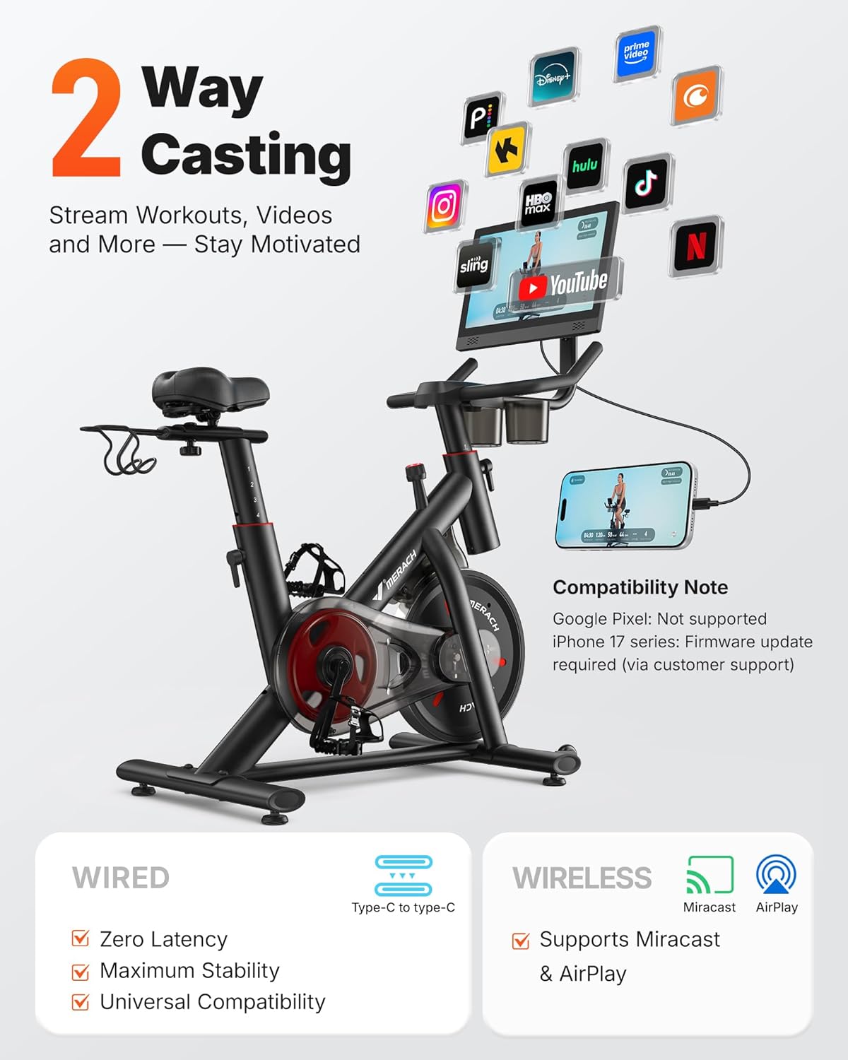 MERACH Exercise Bike, Magnetic Friction Stationary Bike with Brake Pad and Exclusive App, Low Noise Indoor Cycling Bike with 300lbs Weight Capacity, Tablet Mount and Fitness Courses for Weight Loss