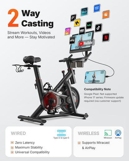 MERACH Exercise Bike, Magnetic Friction Stationary Bike with Brake Pad and Exclusive App, Low Noise Indoor Cycling Bike with 300lbs Weight Capacity, Tablet Mount and Fitness Courses for Weight Loss
