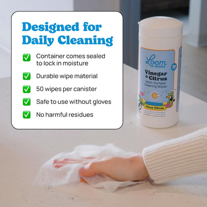 All Purpose Natural Cleaning Wipes - Vinegar & Citrus Powered Multi Surface Cleaner - 50 Count