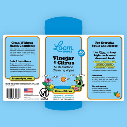 All Purpose Natural Cleaning Wipes - Vinegar & Citrus Powered Multi Surface Cleaner - 50 Count