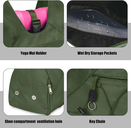 Gym Bag For Women With Yoga Mat Holder & Shoe Compartment & Wet Dry Storage Pocket & Adjustable Strap
