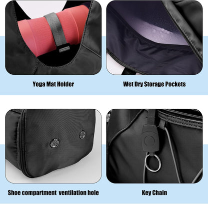 Gym Bag For Women With Yoga Mat Holder & Shoe Compartment & Wet Dry Storage Pocket & Adjustable Strap