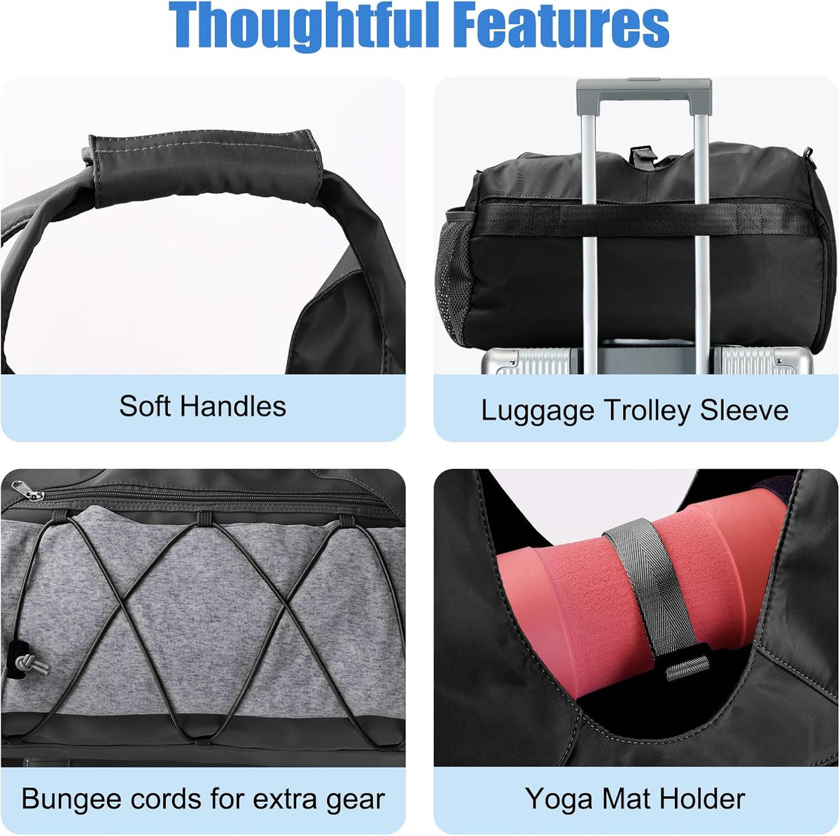 Gym Bag For Women With Yoga Mat Holder & Shoe Compartment & Wet Dry Storage Pocket & Adjustable Strap