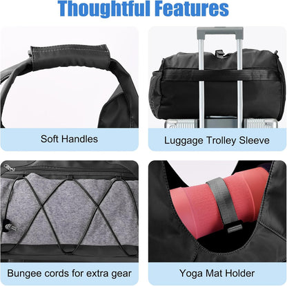 Gym Bag For Women With Yoga Mat Holder & Shoe Compartment & Wet Dry Storage Pocket & Adjustable Strap
