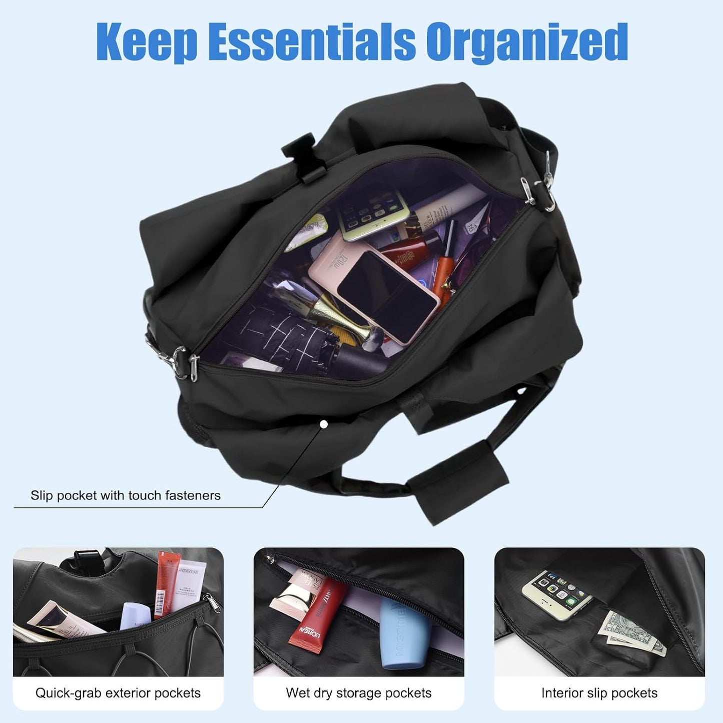 Gym Bag For Women With Yoga Mat Holder & Shoe Compartment & Wet Dry Storage Pocket & Adjustable Strap