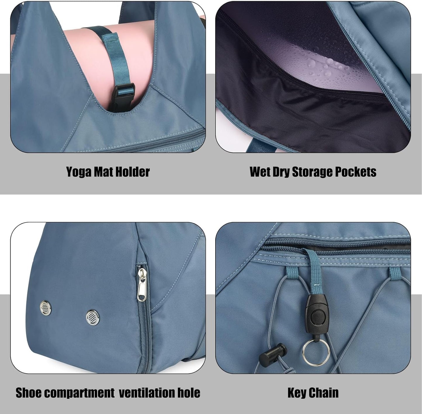 Gym Bag For Women With Yoga Mat Holder & Shoe Compartment & Wet Dry Storage Pocket & Adjustable Strap