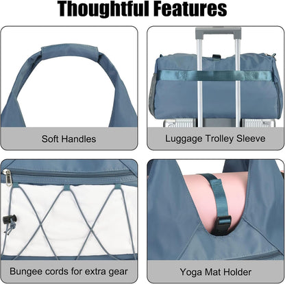 Gym Bag For Women With Yoga Mat Holder & Shoe Compartment & Wet Dry Storage Pocket & Adjustable Strap