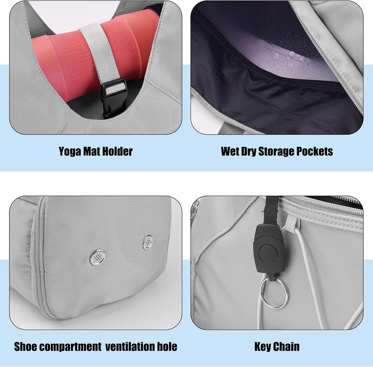 Gym Bag For Women With Yoga Mat Holder & Shoe Compartment & Wet Dry Storage Pocket & Adjustable Strap
