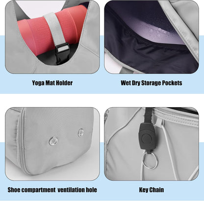 Gym Bag For Women With Yoga Mat Holder & Shoe Compartment & Wet Dry Storage Pocket & Adjustable Strap