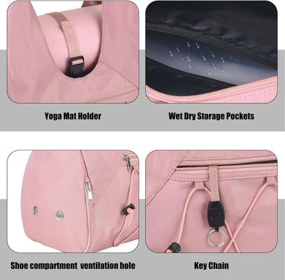 Gym Bag For Women With Yoga Mat Holder & Shoe Compartment & Wet Dry Storage Pocket & Adjustable Strap